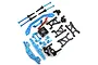 A collection of blue and black anodized aluminium RC car upgrade parts including suspension arms, drive shafts, and a cooling fan.