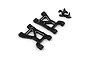 Two black aluminium front lower suspension arms for Tamiya XV-01 by Yeah Racing, with included mounting hardware on a white background.