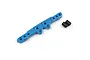 A blue anodized aluminium front damper tower for an RC car, accompanied by two small black cylindrical spacers on a white background.