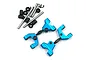A set of blue anodized aluminium rear upper arms for an RC car, including metal pins, black plastic spacers, and E-clips, arranged on a white background.