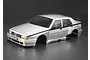 A silver painted 1/10 scale RC Alfa Romeo 75 Turbo Evoluzione body shell on a dark background.