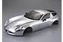 A silver painted 1/10 scale RC car body shell of an Alfa Romeo TZ3 Corsa, shown from a high-angle front three-quarter view against a grey background.