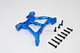 A blue anodized aluminium rear shock tower for an RC car, accompanied by a set of black metal screws on a white background.