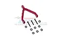 A red aluminium front upper linkage mount for an RC car, accompanied by three black screws and eight small black rubber O-rings.