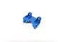 A blue anodized aluminium rear shock mount for an RC car, shown against a plain white background.