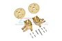 GPM Racing brass front portal drive housing set including two circular covers, two main housings, and various mounting screws on a white background.