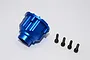A blue anodized aluminium differential case for a Traxxas XMaxx RC car, shown with four black mounting screws on a white background.