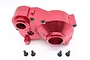 A red anodised aluminium rear gearbox case for an HPI Baja 5B RC car, shown with four included black mounting screws on a white background.