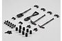 A set of 1/10 scale RC truck outdoor tools including shovels, pickaxes, mounting brackets, and small screws on a light grey background.