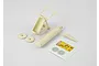 Unassembled 1/10 scale RC fire extinguisher kit with cream-coloured plastic parts, wheels, and a decal sheet on a white background.