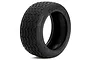 A single black HPI Racing vintage style RC car tyre with a treaded pattern and embossed lettering on the sidewall, isolated on a white background.