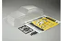 Unpainted clear polycarbonate RC car body shell for an Alfa Romeo 75 Turbo Evoluzione with included decal sheet, plastic parts trees, and instruction manual.