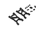 A pair of black aluminium RC rear suspension arms by Yeah Racing, including mounting screws, ball studs, and spacers on a white background.