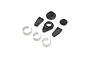 A set of Losi RC spare parts including black plastic servo mount components, small plastic bushings, and three thin metal C-clips.