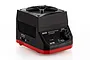 SkyRC BD250 Battery Discharger and Analyzer in black and red, featuring a top-mounted cooling fan, digital display, and control dial.