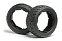 Two black HPI Tarmac Buster RC buggy tyres for the Baja 5B, shown from an angle against a white background.