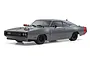 A 1/10 scale Kyosho Fazer Mk2 1970 Dodge Charger RC car in grey with a prominent chrome supercharger protruding from the hood.
