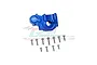 A blue anodized aluminium rear gearbox case for an RC car by GPM Racing, shown with a set of included mounting screws.