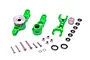 A set of green anodized aluminium RC steering assembly components including bell cranks, a servo saver, bearings, screws, and washers on a white background.