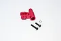 Red anodized aluminium steering post component for RC cars, including two black screws and a small metal washer.