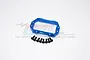 A blue anodized aluminium servo mount with a set of black screws on a white background.