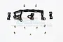 GPM Racing black aluminium servo mount set for RC cars, including main mount, side plates, and various mounting screws on a white background.