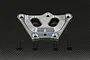 GPM Racing silver aluminium front chassis brace for RC vehicles, shown with four black mounting screws on a carbon fiber background.