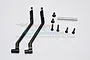 Two black aluminium RC front linkages with a set of screws and a metal spacer on a white background.