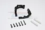 GPM Racing black aluminium rear link parts for RC cars, including two main brackets, six screws, and two metal pins.