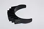 A black GPM Racing aluminium motor heat sink with cooling fins, viewed from an angle against a plain white background.