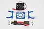 GPM Racing blue aluminium motor heat sink kit with cooling fan, mounting brackets, screws, and a power adapter cable on a white background.