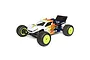 A studio shot of a TLR 22T 4.0 1/10 scale RC stadium truck with a white, orange, and blue painted body, neon yellow wheels, and black off-road tires.