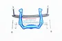 GPM Racing blue aluminium front shock tower with carbon fiber brace and body posts for RC cars.