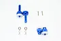 A set of four blue anodized aluminium magnetic RC body posts with white magnetic caps, two small screws, and two metal R-clips on a white background.
