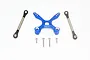 GPM Racing blue anodized aluminium chassis brace, two metal tie rods with black plastic ends, and four screws on a white background.