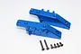 Two blue anodized aluminium gearbox mounts for an RC car, accompanied by six black metal screws.