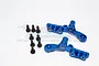 Two blue anodized aluminium RC front rocker arms with a set of seven black metal screws on a white background.
