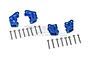 GPM Racing blue aluminium linkage mounts for RC cars, including four mounts labeled FR, FL, RL, RR and a set of silver metal screws.