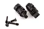 Two black metal driveshaft couplers and four black screws for an Axial RBX10 Ryft RC car.