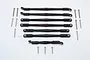A set of seven black aluminium adjustable suspension linkages for an RC car, arranged horizontally with accompanying metal screws on a white background.