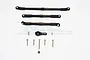 GPM Racing black aluminium 25T servo horn and adjustable steering linkage set with mounting hardware on a white background.