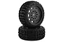 Two ARRMA Katar 2.4 inch all-road RC tyres pre-mounted on black multi-spoke wheels, stacked vertically against a white background.