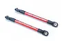 Two red anodized aluminium push rods with black plastic rod ends and metal pivot balls, isolated on a white background.