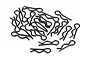 A pile of twenty black metal body clips for RC cars scattered on a white background.