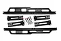 GPM Racing black aluminium side steps set with silver inlay details for RC vehicles, including mounting brackets and screws.