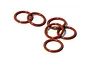 Six orange rubber O-rings arranged on a plain white background.