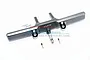 GPM Racing grey aluminium rear bumper for RC cars with two black D-rings, a central drop hitch, and two mounting screws on a white background.