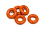 Five small orange silicone O-rings arranged in a loose pile against a white background.