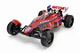 A studio shot of the Tamiya TD2 Astute 1/10 scale RC buggy in a red limited edition livery with blue accents and a rear wing labeled AWESOME.