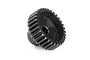 A black metal pinion gear with 30 teeth, shown at an angle against a white background.